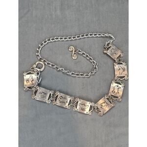 Vintage 70s 80s Omega Silver Tone Chain Belt Plates Animal Design Petroglyph
